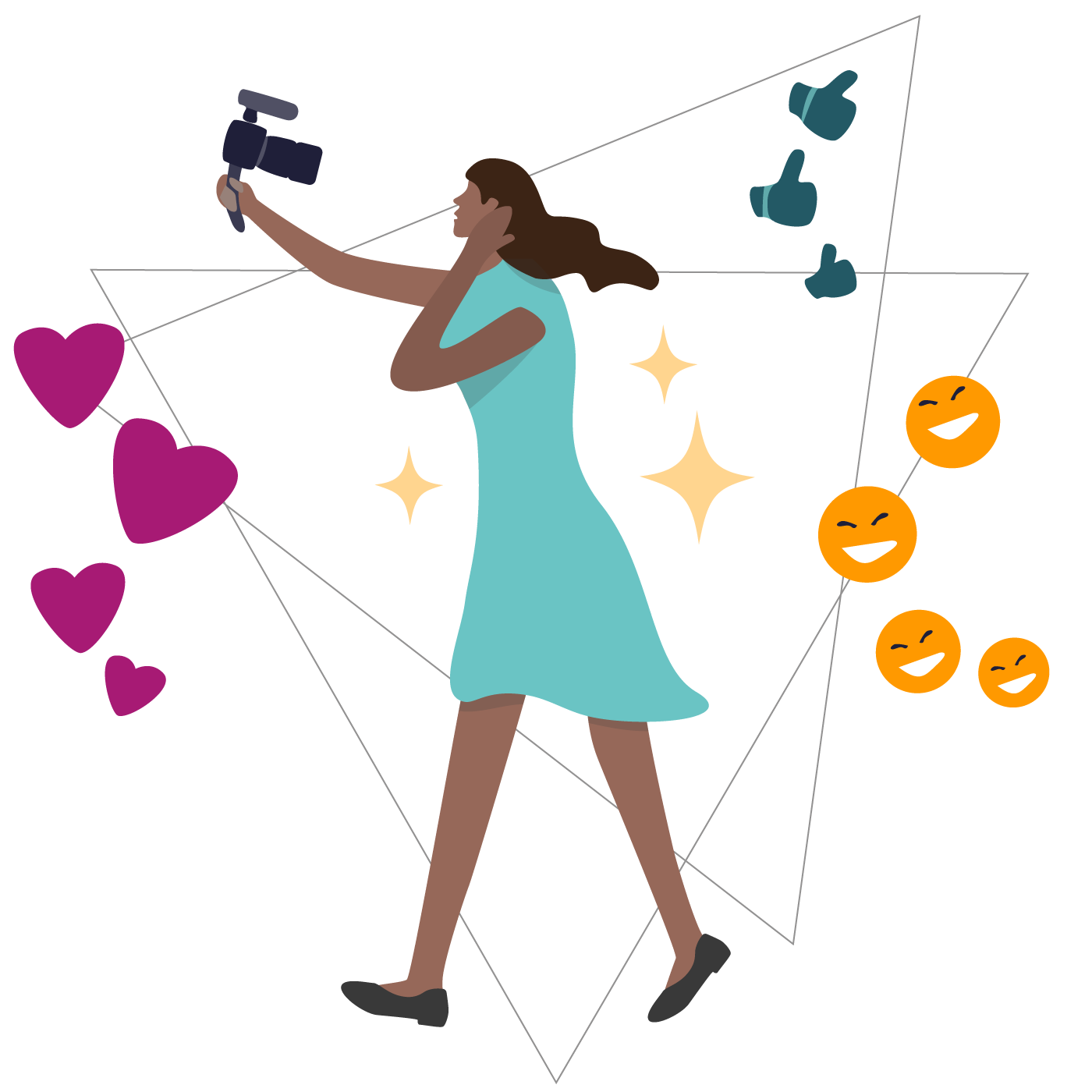 graphic of a woman holding a gimbal camera with social media icons surrounding her