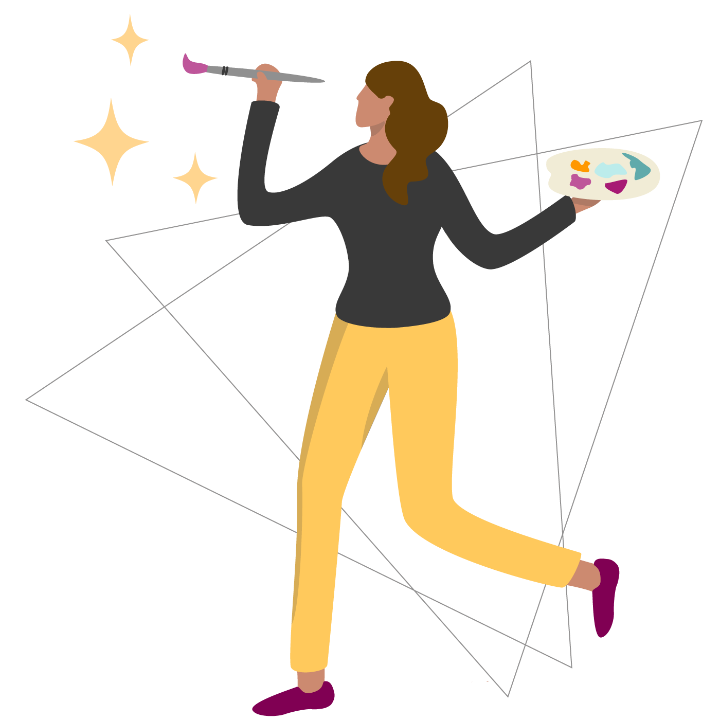 A graphic of a woman holding a paintbrush and paint pallette