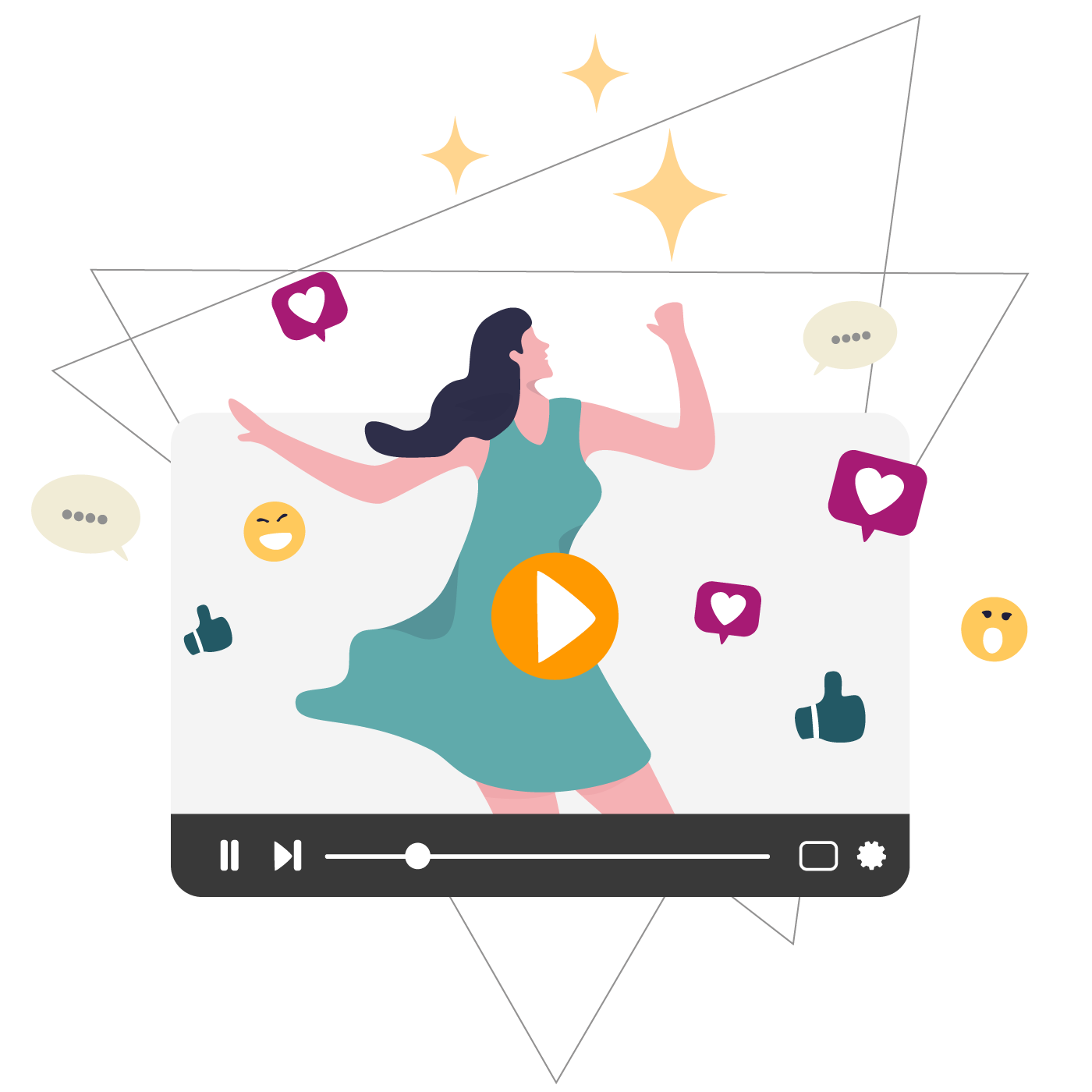 A graphic of a woman with social media icons dancing in video box