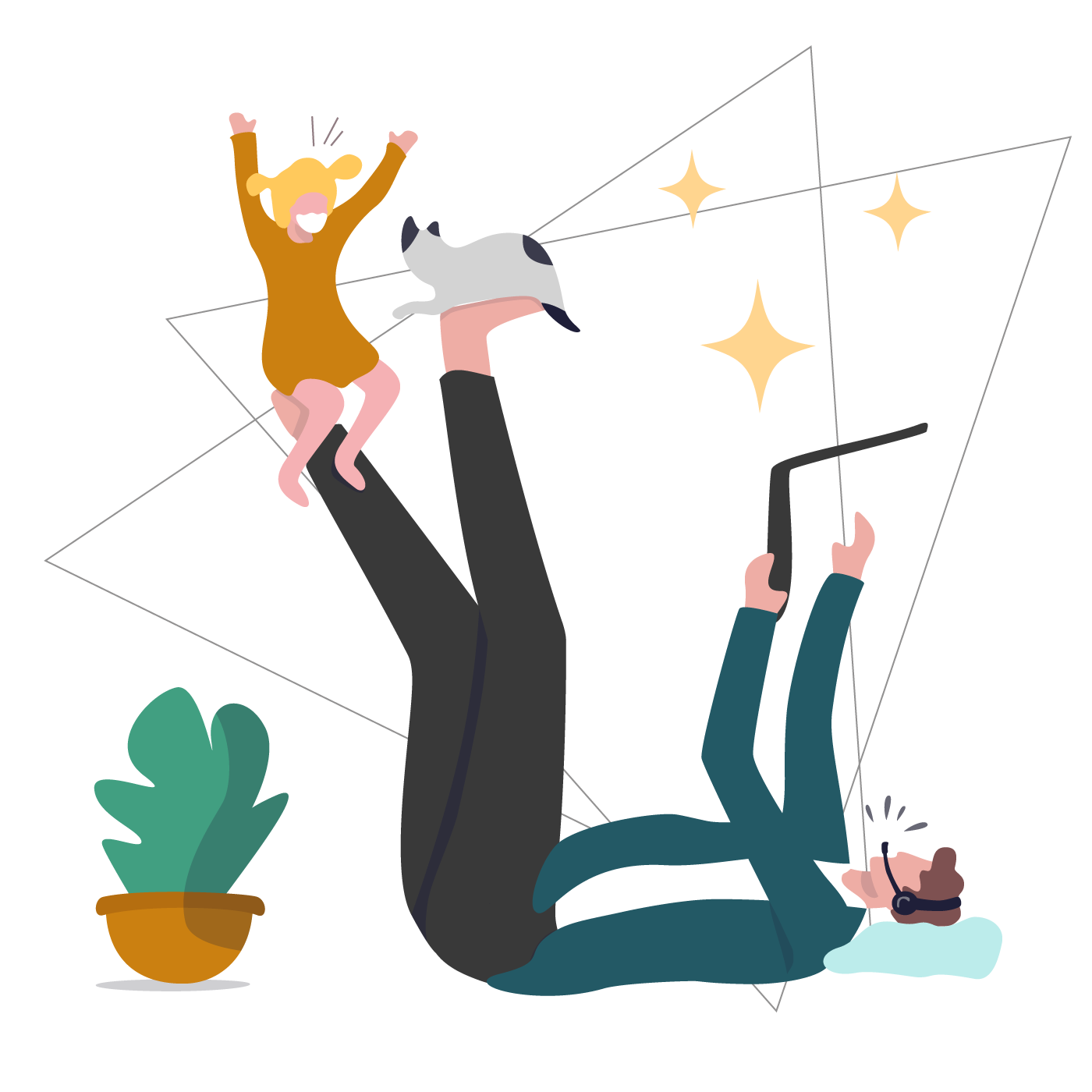 A graphic of a person laying down and holding a cat and a child on each foot