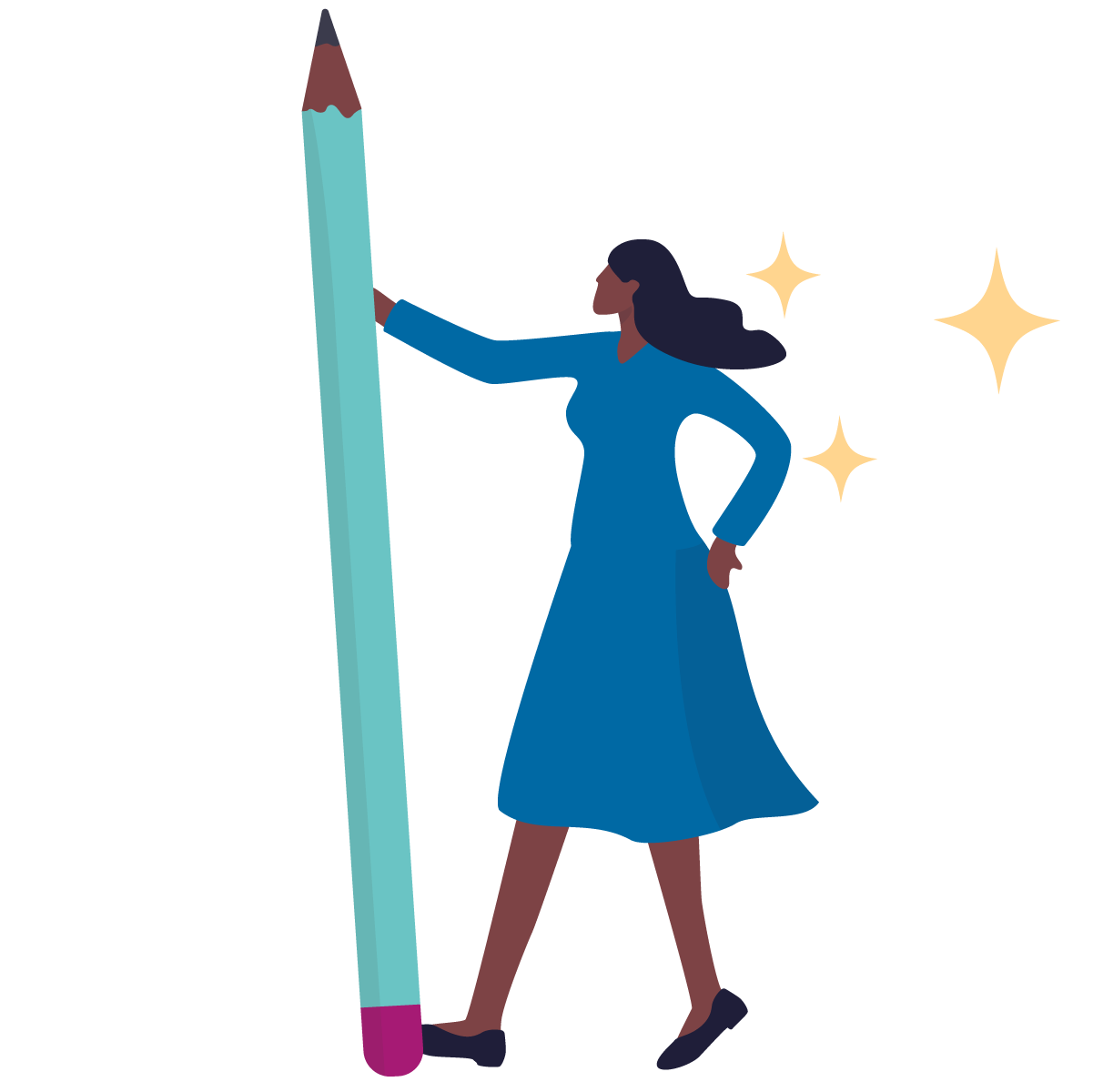 graphic of a woman wearing a blue dress holding a large pencil
