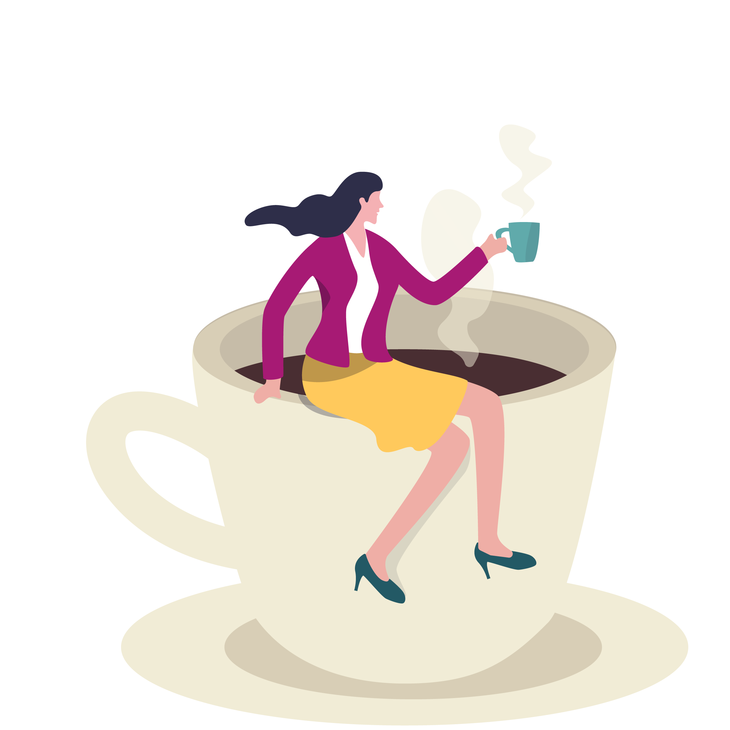 graphic of a woman drinking a cup of coffee while sitting on big cup of coffee