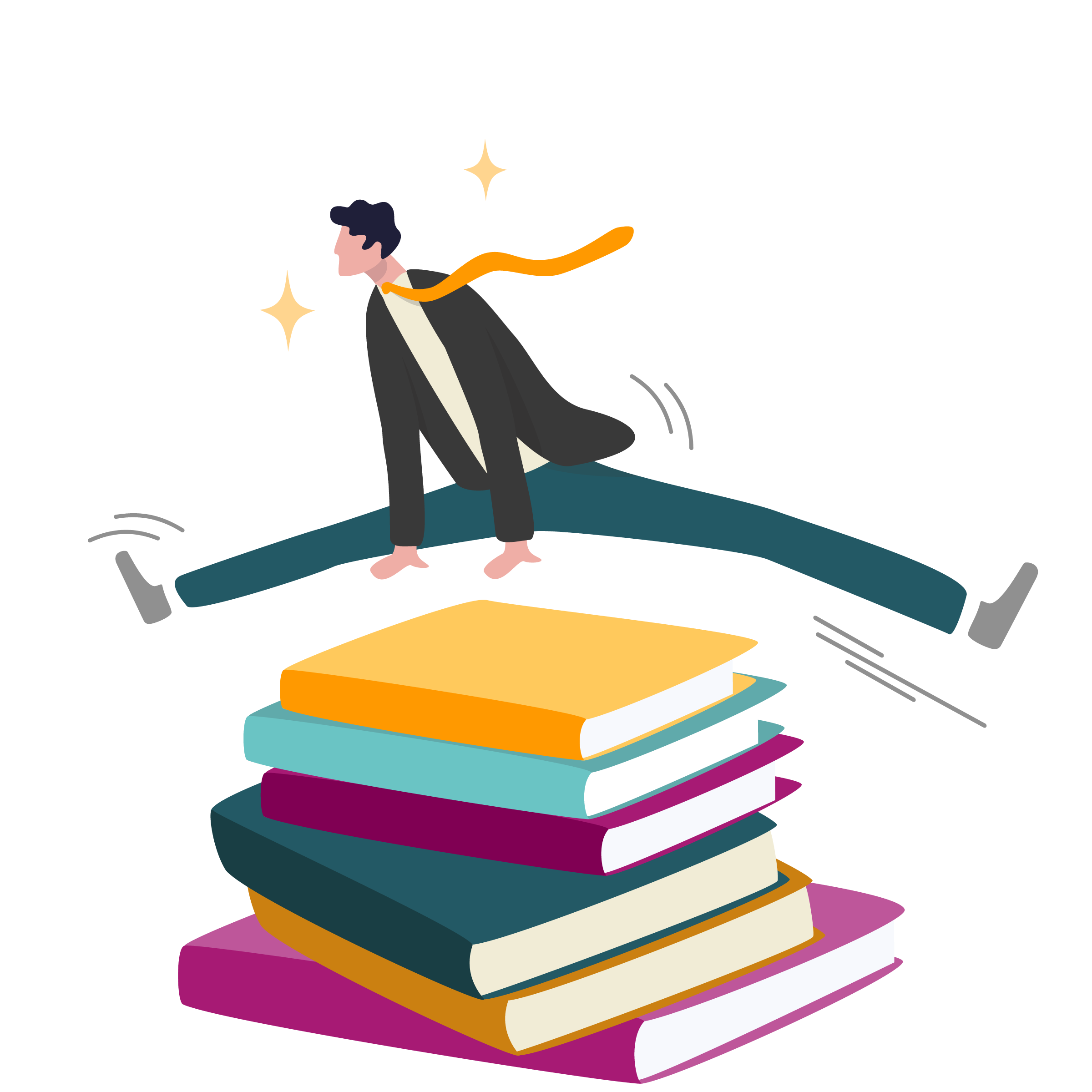 graphic of a man jumping over a stack of books