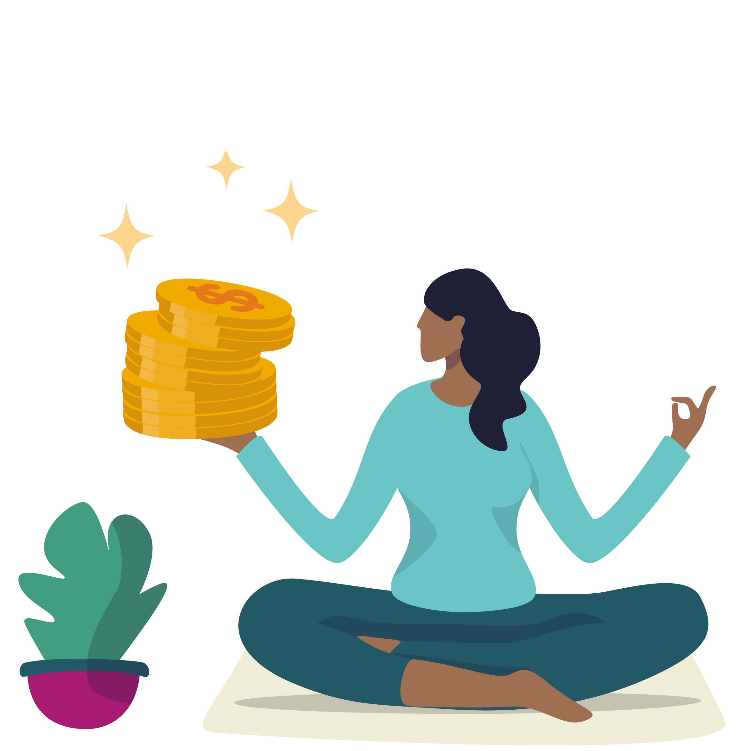 graphic of a woman doing yoga holding a stack of coins and sitting next to a plant