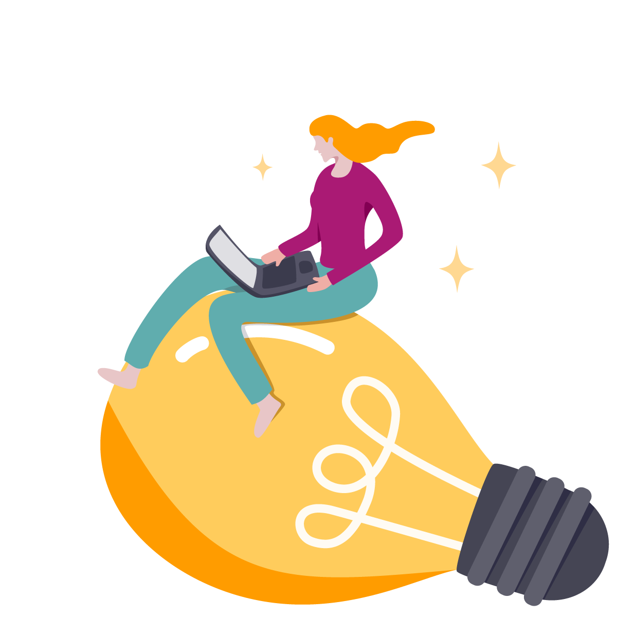 graphic of a woman sitting on a large lightbulb using a lightbulb