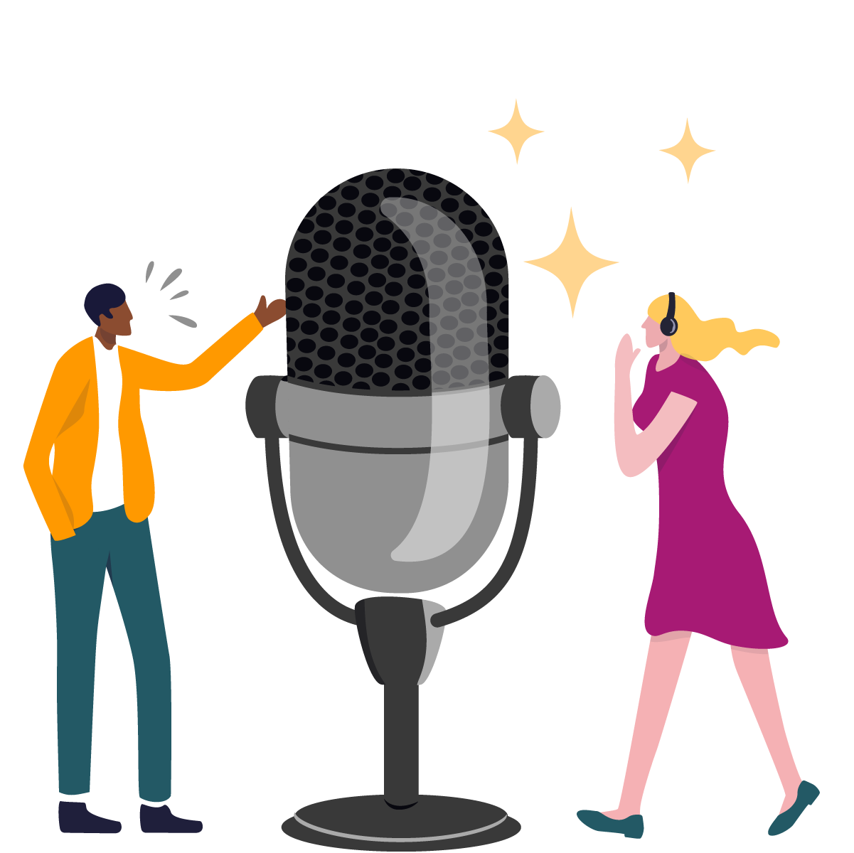 graphic of woman and man speaking into a large microphone