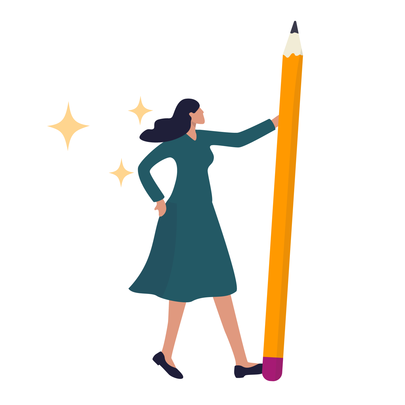 graphic of a woman holding a large pencil